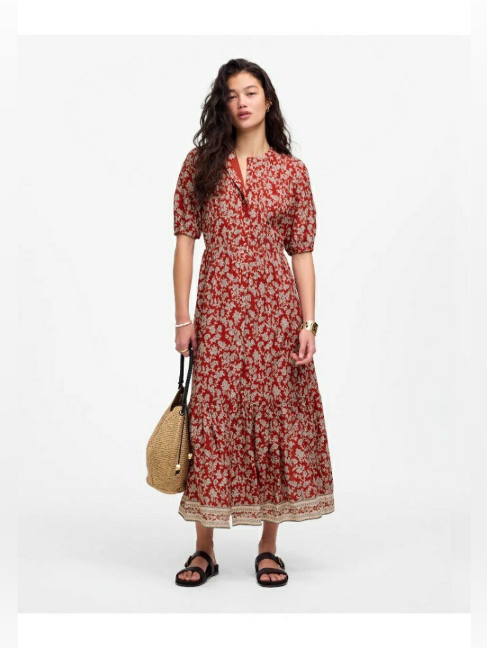 Madewell Pintucked Puff-Sleeve Midi Dress in Floral Size 10